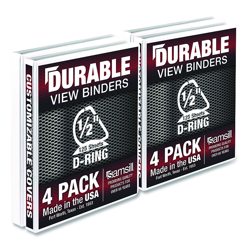 Samsill Durable D-Ring View Binders, 3 Rings, 0.5" Capacity, 11.5" x 8.5", White, 4/Pack (MP46417)