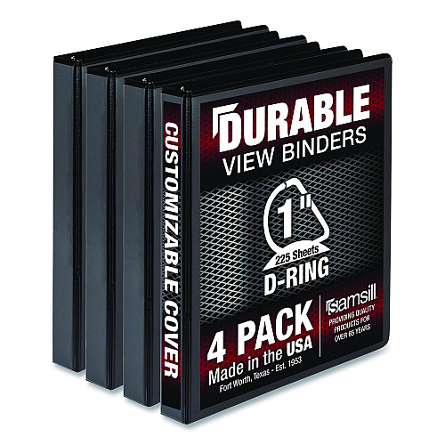 Samsill Durable D-Ring View Binders, 3 Rings, 1" Capacity, 11.5" x 8.5", Black, 4/Pack (MP46430)