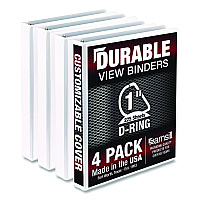 Samsill Durable D-Ring View Binders, 3 Rings, 1" Capacity, 11.5" x 8.5", White, 4/Pack (MP46437)