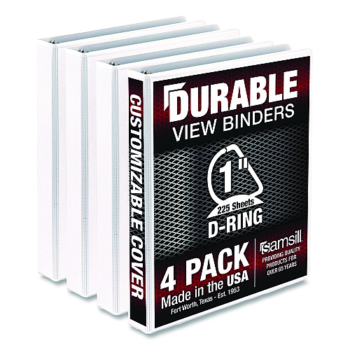 Samsill Durable D-Ring View Binders, 3 Rings, 1" Capacity, 11.5" x 8.5", White, 4/Pack (MP46437)