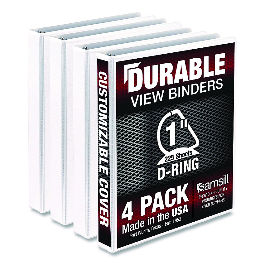 Samsill Durable D-Ring View Binders, 3 Rings, 1" Capacity, 11.5" x 8.5", White, 4/Pack (MP46437)