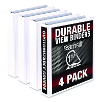 Samsill Durable D-Ring View Binders, 3 Rings, 1.5" Capacity, 11.5" x 8.5", White, 4/Pack (MP46457)