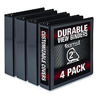 Samsill Durable D-Ring View Binders, 3 Rings, 2" Capacity, 11.5" x 8.5", Black, 4/Pack (MP46460)