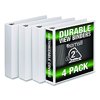 Samsill Durable D-Ring View Binders, 3 Rings, 2" Capacity, 11.5" x 8.5", White, 4/Pack (S66467)