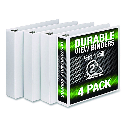 Samsill Durable D-Ring View Binders, 3 Rings, 2" Capacity, 11.5" x 8.5", White, 4/Pack (S66467)