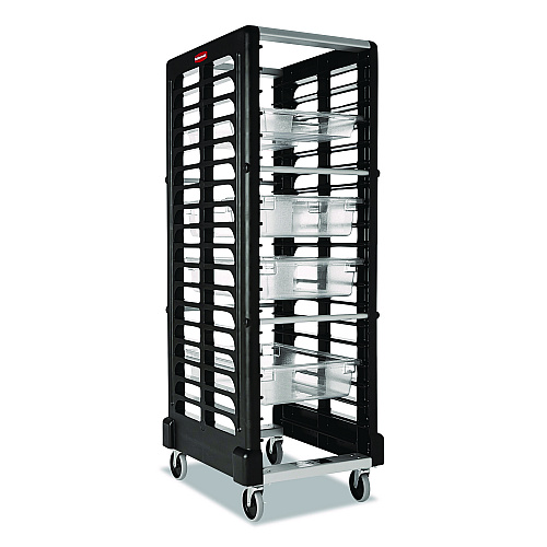 Rubbermaid Commercial End Loader Rack for Food Boxes and Sheet Pans, 18 Rack, Plastic, 23.75" x 28.75" x 67.88", Black (FG332000BLA)