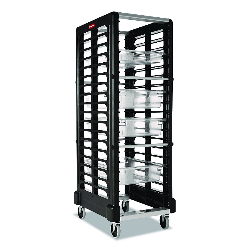 Rubbermaid Commercial End Loader Rack for Food Boxes and Sheet Pans, 18 Rack, Plastic, 23.75" x 28.75" x 67.88", Black (FG332000BLA)