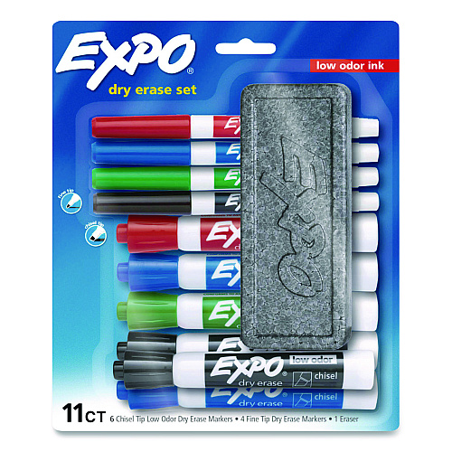 EXPO Low-Odor, Dry Erase 10-Color Marker and Eraser Set, Broad Chisel/Fine Bullet Tips, Assorted Colors, 11 Pieces/Set (2211243)