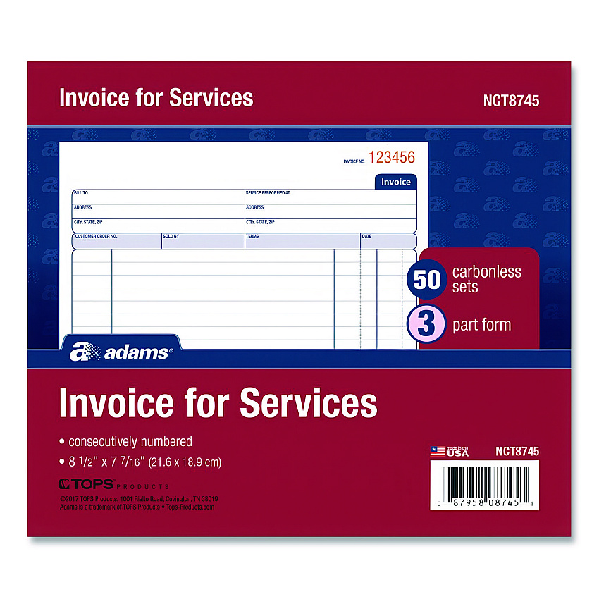 Adams Multipart Service Invoice Pad, Three-Part Carbonless, 8.5 x 6.94, 50 Forms Total (NCT8745)