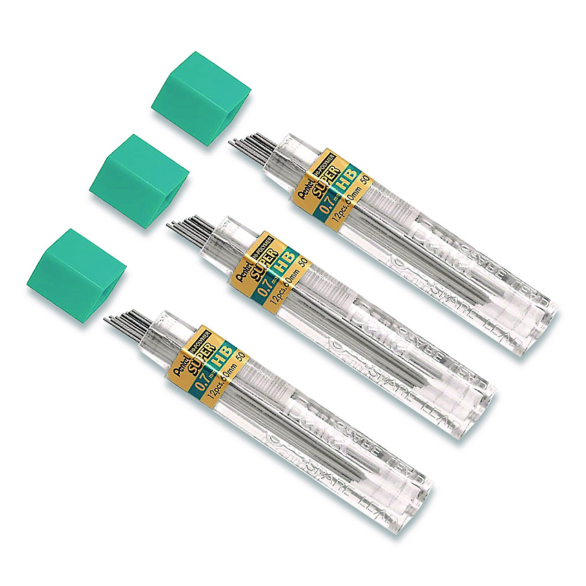 Pentel Super Hi-Polymer Lead Refill, 0.7 mm, HB, Black, 12 Leads/Tube, 3 Tubes/Pack (L50BP3HBK6PK)