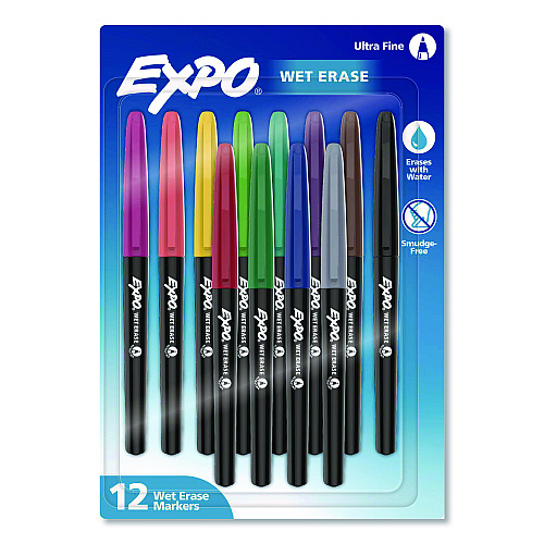 EXPO Wet Erase Markers, Ultra Fine Needle Tip, Assorted Colors, 12/Pack (2211351)