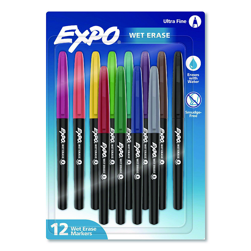 EXPO Wet Erase Markers, Ultra Fine Needle Tip, Assorted Colors, 12/Pack (2211351)