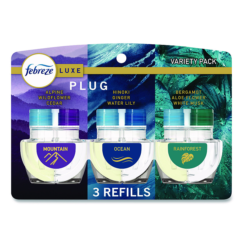 Febreze PLUG Air Freshener Refills, Mountain/Ocean/Rainforest, 2.63 oz, 3/Pack, 6 Packs/Carton (16249)