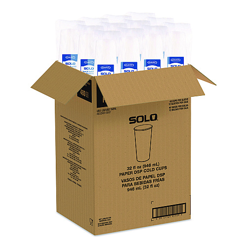 SOLO Double Sided Poly (DSP) Paper Cold Cups, 28 oz to 32 oz, White, 40 Cups/Sleeve, 12 Sleeves/Carton (RNP32P2050)