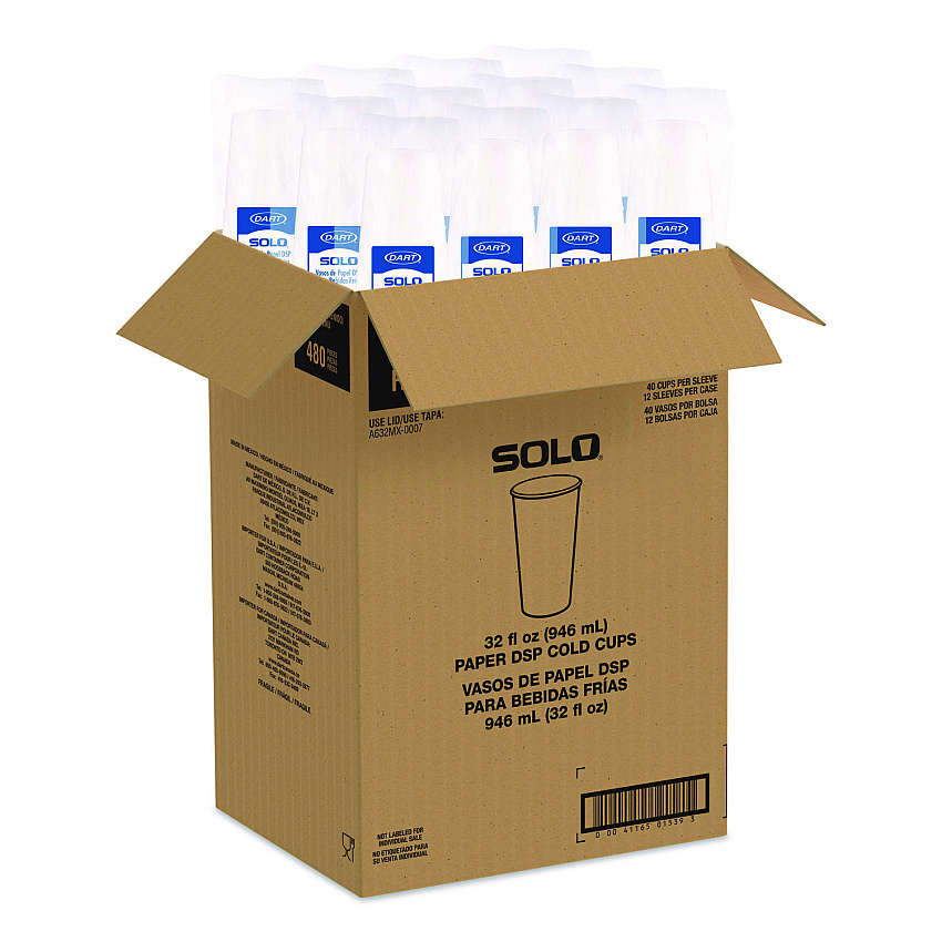 SOLO Double Sided Poly (DSP) Paper Cold Cups, 28 oz to 32 oz, White, 40 Cups/Sleeve, 12 Sleeves/Carton (RNP32P2050)