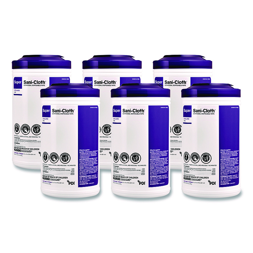 PDI Super Sani-Cloth Disinfecting Wipes, 15 x 7.5, Unscented, White, 75 Wipes/Canister, 6/Carton (P86984CT)