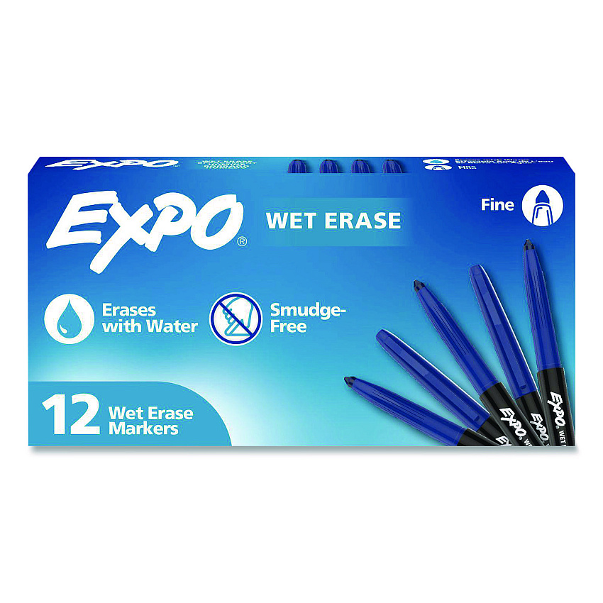EXPO Wet Erase Markers, Fine Needle Tip, Blue, 12/Pack (2211319)