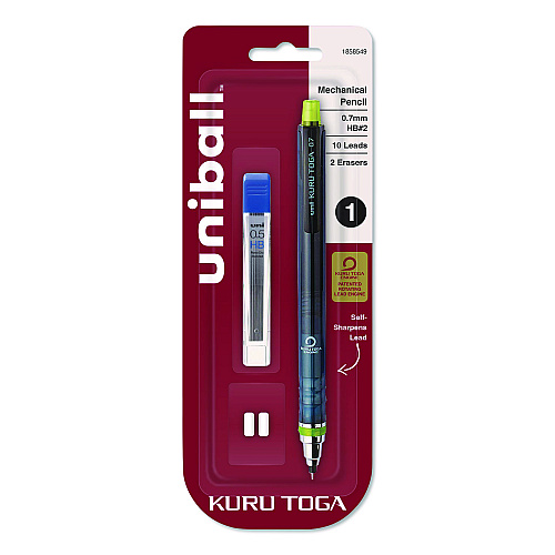 uni-ball KuruToga Mechanical Pencil with Tube of Diamond Lead, 0.7 mm, HB (#2), Black Lead, Black/Green Barrel (1858549)