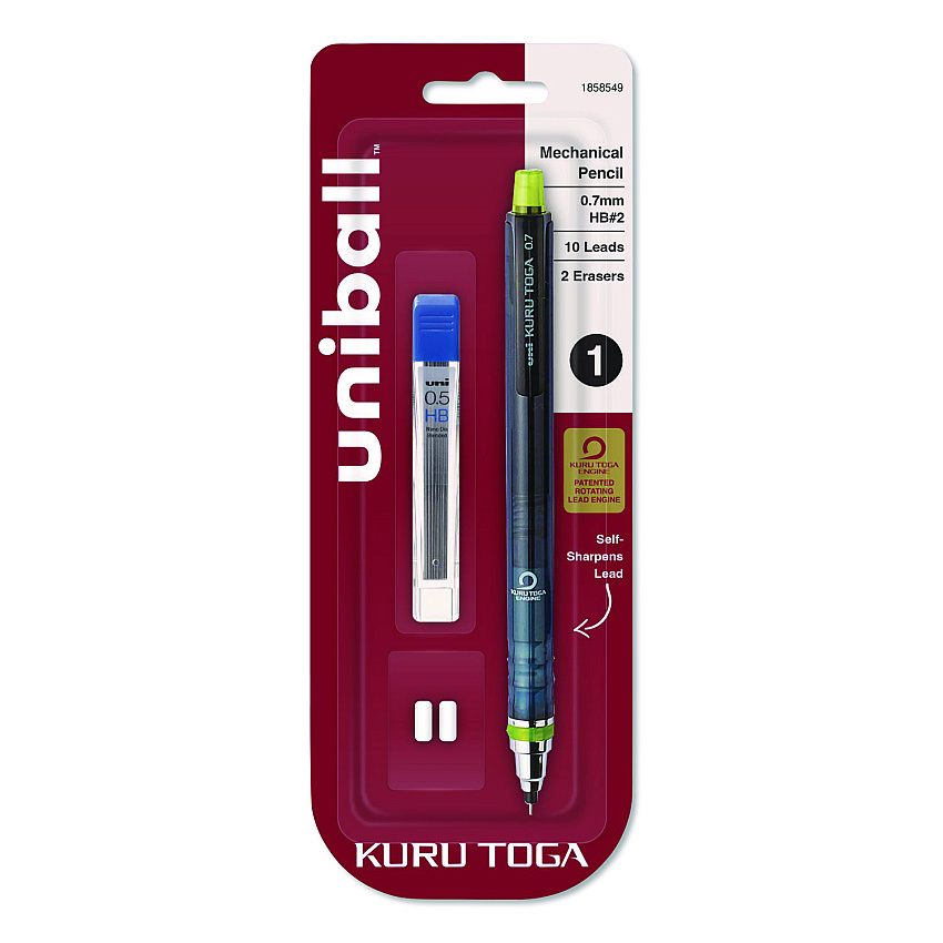 uni-ball KuruToga Mechanical Pencil with Tube of Diamond Lead, 0.7 mm, HB (#2), Black Lead, Black/Green Barrel (1858549)