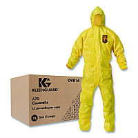 KleenGuard A70 Chemical Spray Protection Coveralls, Elastic Wrists, Ankles, Hood, XL, Yellow, 12/Carton (09814)