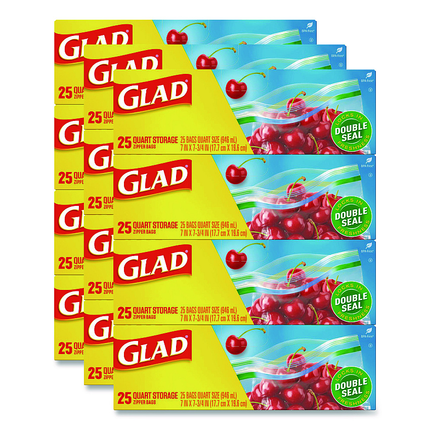 Glad Zipper Food Storage Plastic Bags, Quart Size, 7.75 x 7, Clear, 25 Bags/Box, 12 Boxes/Carton (55052)