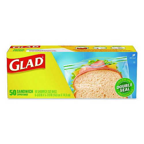 Glad Zipper Food Storage Plastic Sandwich Bags, 6.63 x 5.88, Clear, 50 Bags/Box (57263BX)