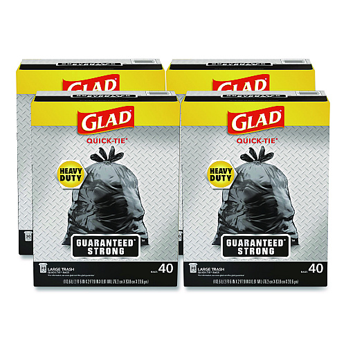 Glad Large Quick-Tie Trash Bags, Extra Strong, 30 gal, 0.81 mil, 30 x 33, Black, 40 Bags/Box, 4 Boxes/Carton (60035)