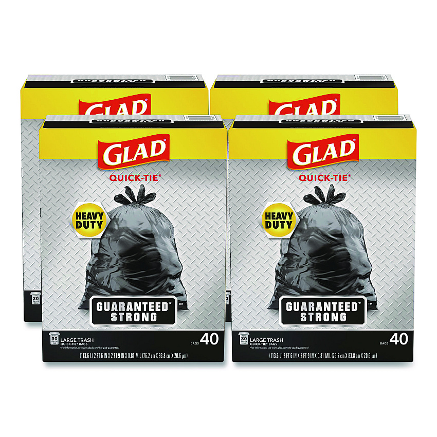 Glad Large Quick-Tie Trash Bags, Extra Strong, 30 gal, 0.81 mil, 30 x 33, Black, 40 Bags/Box, 4 Boxes/Carton (60035)