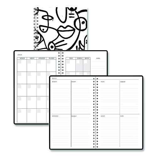House of Doolittle Recycled Non-Dated Monthly/Weekly Planner, Abstract Faces, Black/White Cover, Undated (212141)