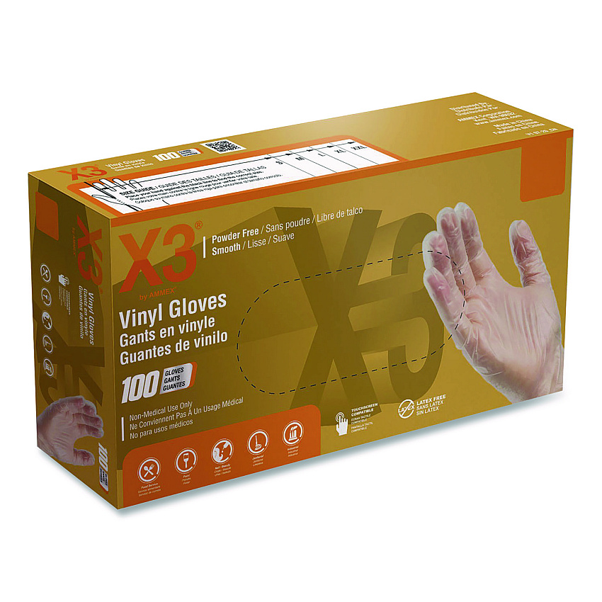 X3 by AMMEX Industrial Vinyl Gloves, Small, Clear, 100/Box (GPX342100BX)