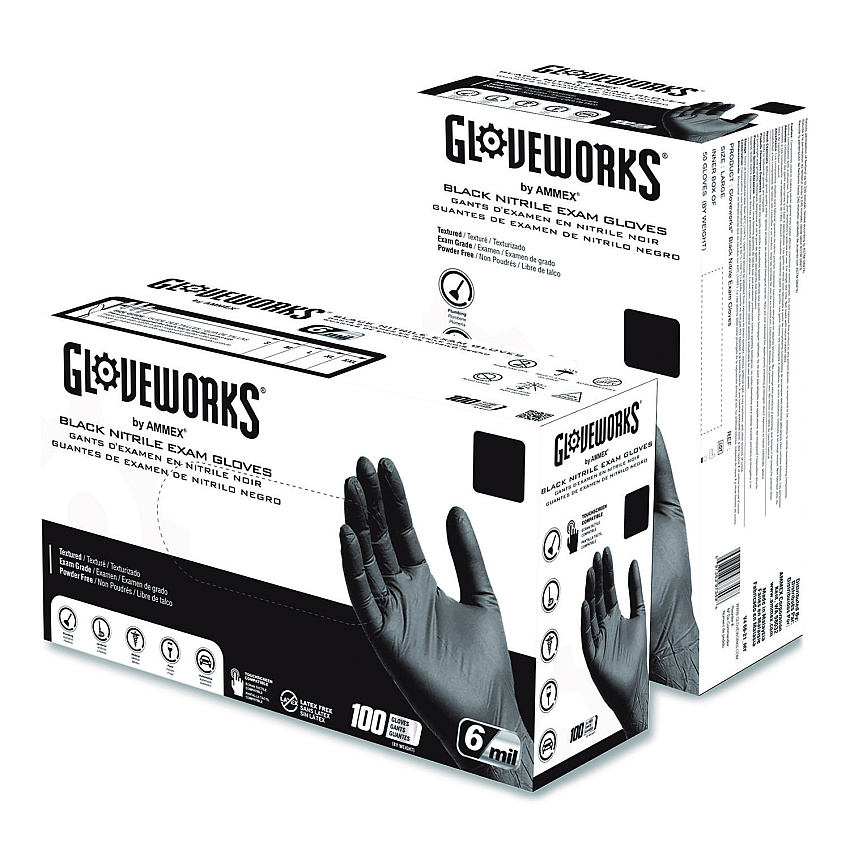 GloveWorks by AMMEX Nitrile Exam Gloves, Small, Black, 100/Box (GWBEN42100BX)