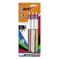 BIC 4-Color Shine Multi-Color Ballpoint Pen, Retractable, Medium 1mm, Black/Blue/Green/Red Ink, Assorted Metallic Barrels, 3/Pack (MMMTP31AST)