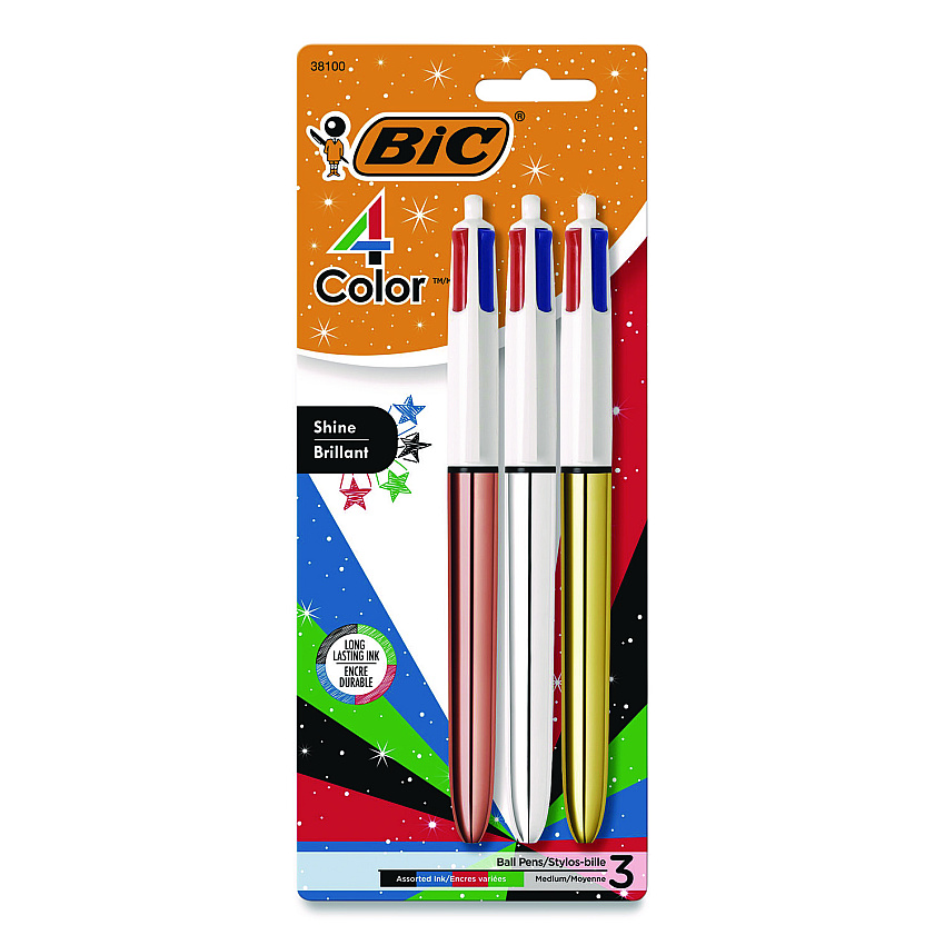 BIC 4-Color Shine Multi-Color Ballpoint Pen, Retractable, Medium 1mm, Black/Blue/Green/Red Ink, Assorted Metallic Barrels, 3/Pack (MMMTP31AST)