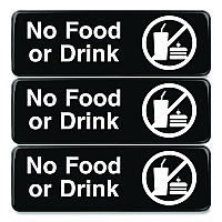 Excello Global Products No Food or Drink Wall Sign, 9" x 3", Black Face, White Graphics, 3/Pack (EGPHD0267S)