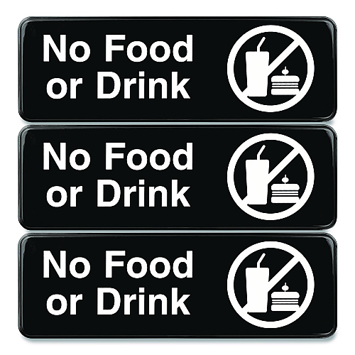 Excello Global Products No Food or Drink Wall Sign, 9" x 3", Black Face, White Graphics, 3/Pack (EGPHD0267S)
