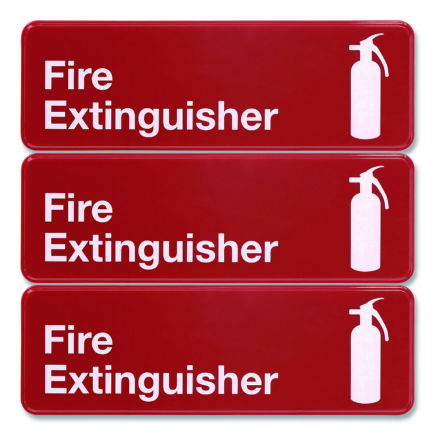 Excello Global Products Fire Extinguisher Wall Sign, 9" x 3", Red Face, White Graphics, 3/Pack (EGPHD0480S)