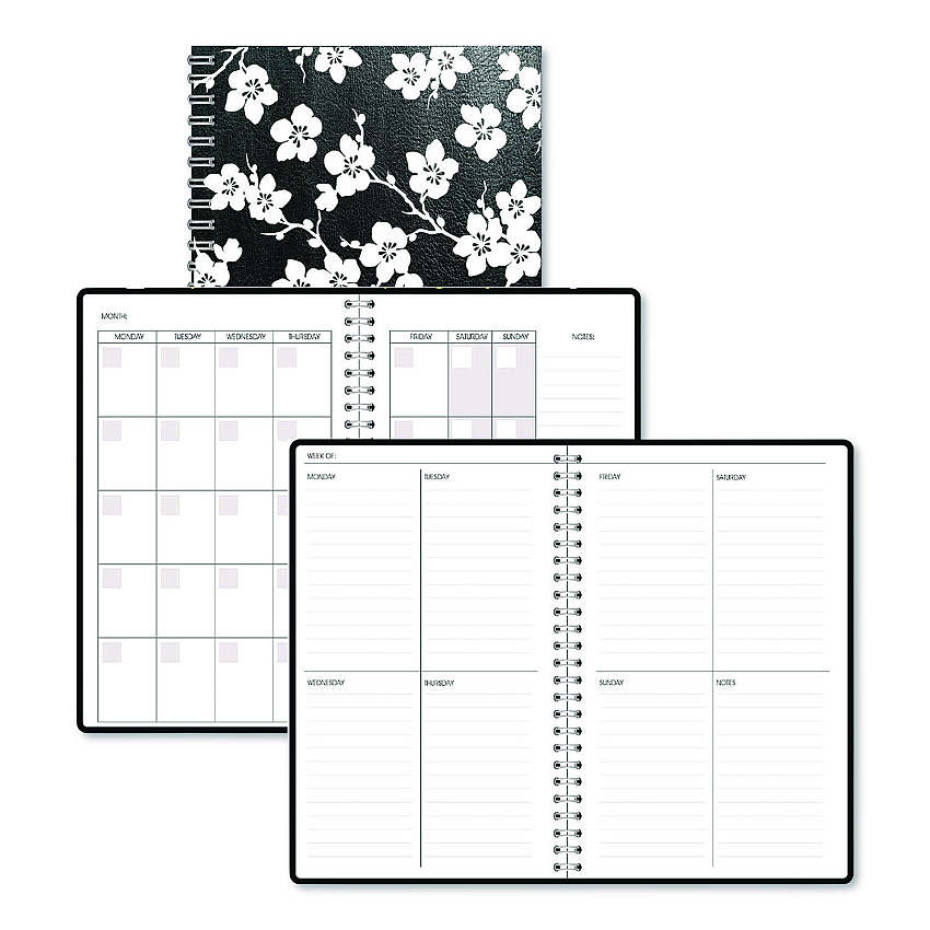 House of Doolittle Recycled Non-Dated Monthly/Weekly Planner, Cherry Blossoms, Black/White Cover, Undated (212152)