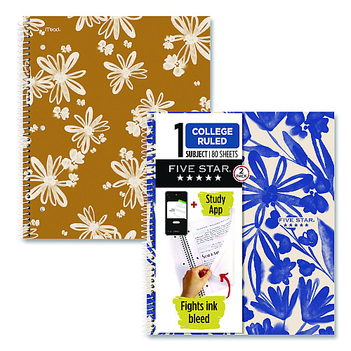 Five Star Soft Pedals Spiral Notebook, 1-Subject, Medium/College Rule, Assorted Cover Colors, (80) 11 x 8.5 Sheets, 2/Pack (820331)