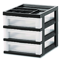 Iris 3-Drawer Desktop Storage with Top Organizer Tray, Plastic, 12.17 x 14.33 x 12.93, Black/Translucent (116351)