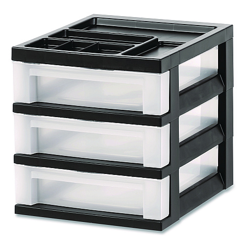 Iris 3-Drawer Desktop Storage with Top Organizer Tray, Plastic, 12.17 x 14.33 x 12.93, Black/Translucent (116351)