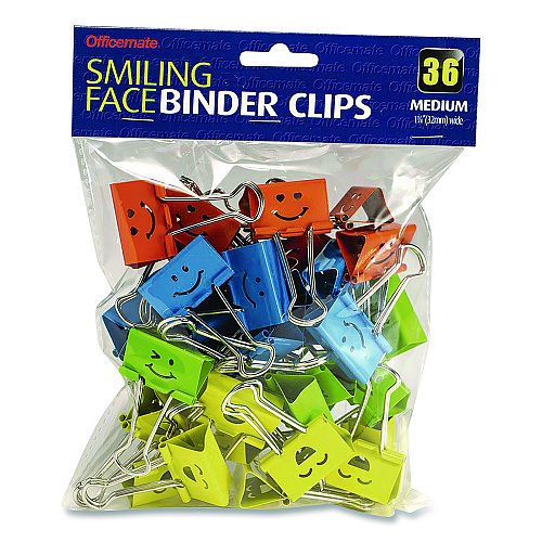 Officemate Smiling Face Binder Clips, Medium, Assorted Colors, 36/Pack (31095)