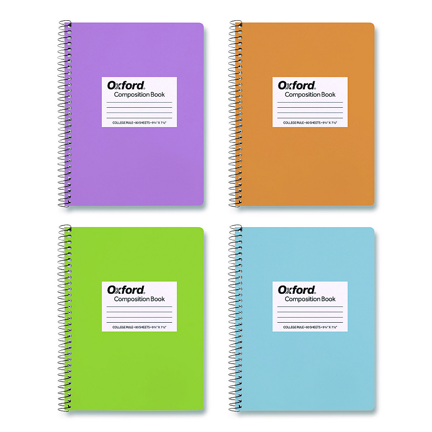 Oxford Spiralbound Composition Books, Medium/College Rule, Assorted Cover Colors, (80) 9.75 x 7.5 Sheets, 4/Pack (64947)