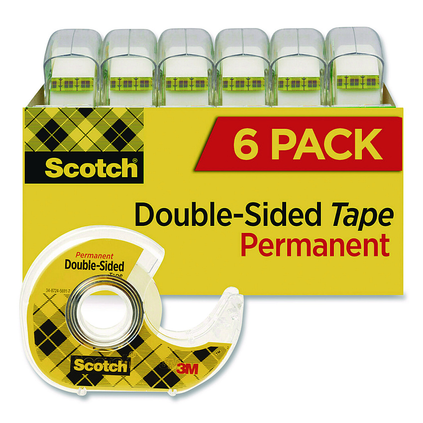 Scotch Double-Sided Permanent Tape in Handheld Dispenser, 1" Core, 0.5" x 500", 6/Pack (6137H2PCMP)