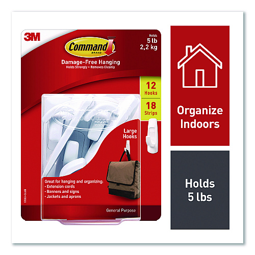 Command General Purpose Hooks, Large, Plastic, White, 5 lb Capacity, 12 Hooks and 18 Strips/Pack (17003CLUB)
