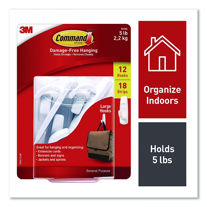 Command General Purpose Hooks, Large, Plastic, White, 5 lb Capacity, 12 Hooks and 18 Strips/Pack (17003CLUB)