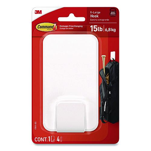 Command X-Large Utility Hooks, Plastic, White, 15 lb Capacity, 1 Hook and 4 Strips (17011ES)