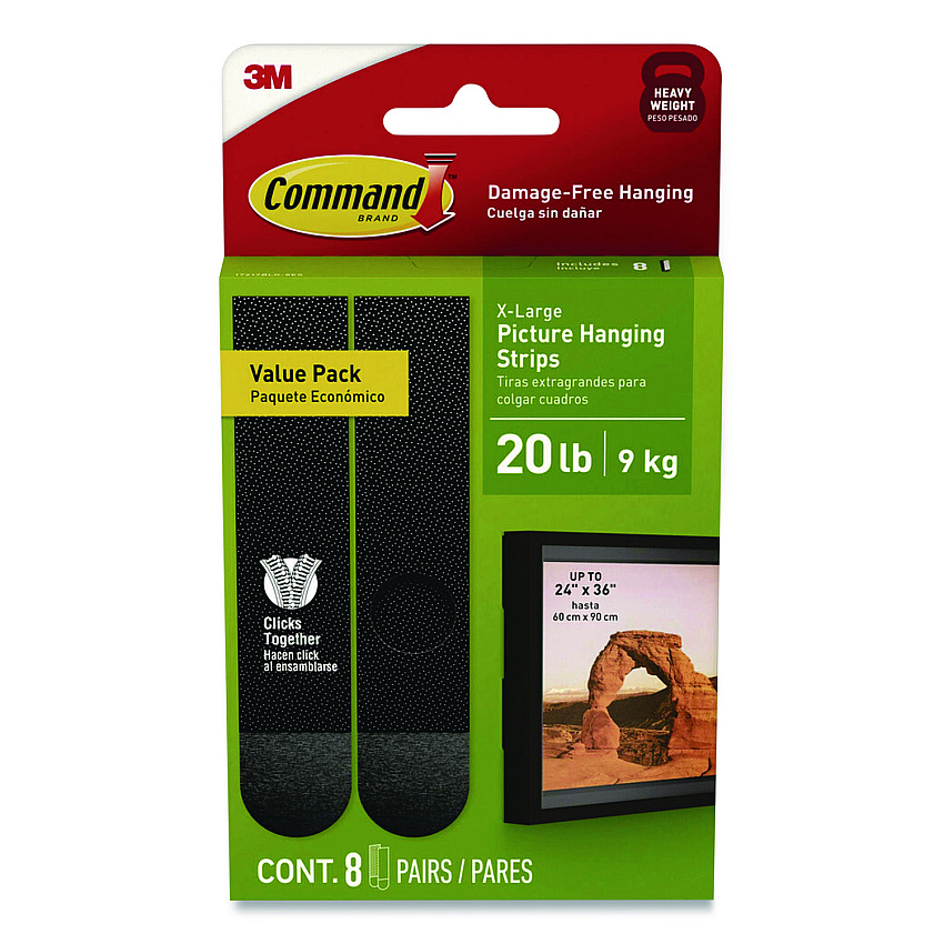 Command Picture Hanging Strips, X-Large, Removable, Holds up to 20 lbs per 4 Strips, Black, 8 Pairs/Pack (17217BLK8ES)