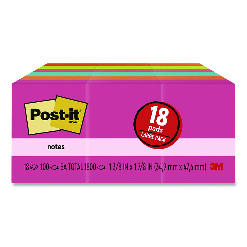 Post-it Original Pads in Poptimistic Collection Colors, 1.38" x 1.88", 100 Sheets/Pad, 18 Pads/Pack (65318AU)
