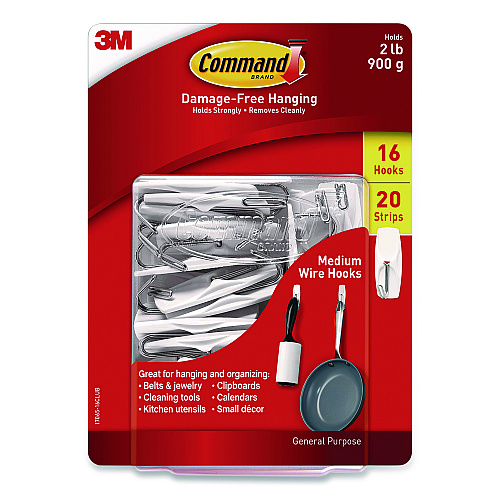Command General Purpose Wire Hooks, Medium, Metal, White, 2 lb Capacity, 16 Hooks and 20 Strips/Pack (1706516CLUB)