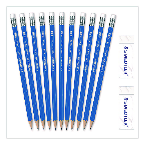Staedtler Pre-Sharpened Wooden Pencils with (20) Block Erasers, HB #2 Black Lead, Blue Barrel, 250/Pack (13246C250)